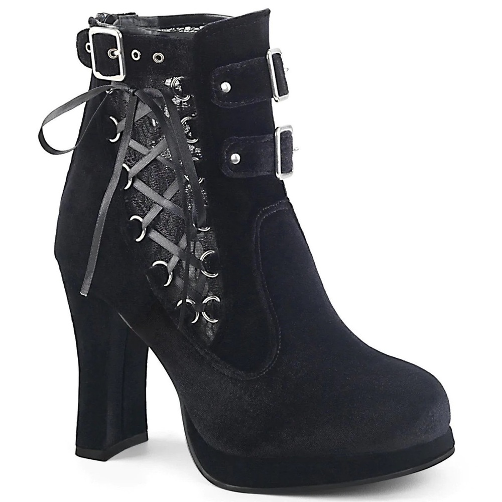 Demonia Crypto-51 - Black Velvet-Lace High Heeled Boots Size 8 *GENTLY USED*